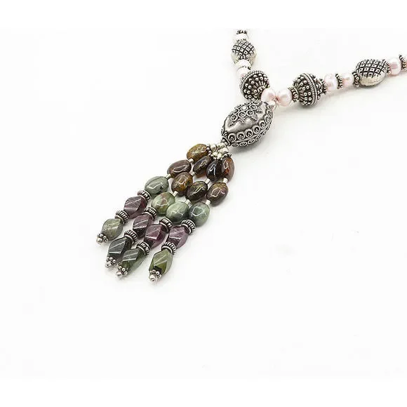 925 Sterling Silver Vintage Pearls Agate & Amethyst Chain Necklace NE1655